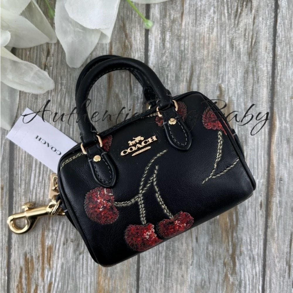 Coach Mini Rowan Bag Charm In Black Cherry Print Purse Wallet Leather
